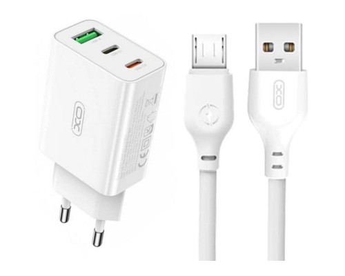 Зарядний пристрій XO L101 PD + QC3.0 (1USB/2Type-C/20W) + USB - MicroUSB White (XO-L101-WH)