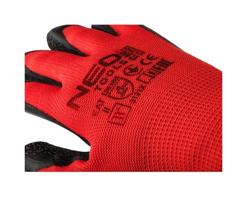 Захисні рукавиці Neo Tools комплект 12шт, поліестер з латексним покриттям, р.11, червоно-чорний (97-645-11)