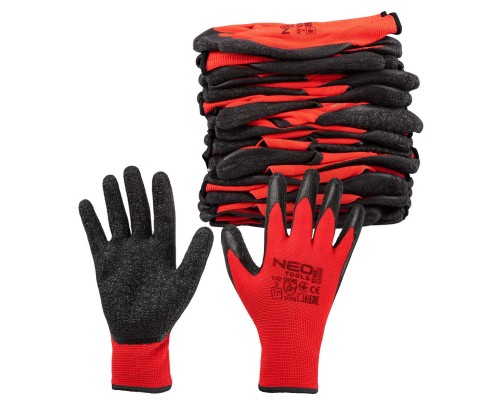 Захисні рукавиці Neo Tools комплект 12шт, поліестер з латексним покриттям, р.11, червоно-чорний (97-645-11)