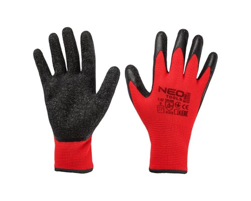 Захисні рукавиці Neo Tools комплект 12шт, поліестер з латексним покриттям, р.11, червоно-чорний (97-645-11)