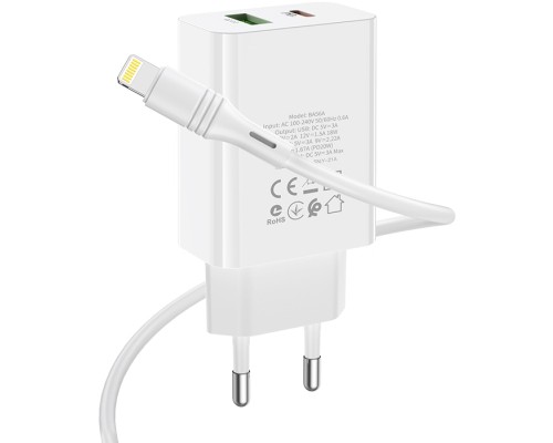 Зарядний пристрій BOROFONE BA56A Lavida PD20W+QC3.0 charger (Type-C to Lightning) White (BA56ACLW)