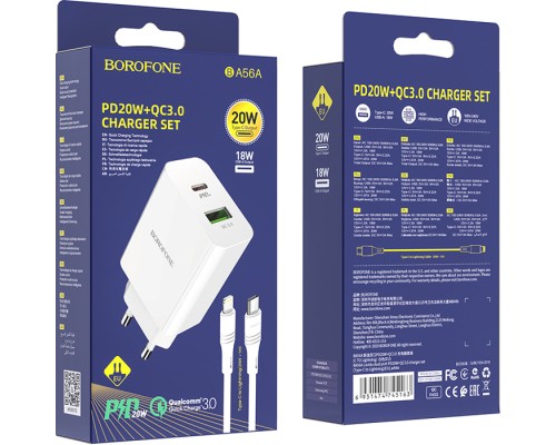 Зарядний пристрій BOROFONE BA56A Lavida PD20W+QC3.0 charger (Type-C to Lightning) White (BA56ACLW)