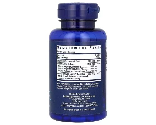 Вітамін Life Extension Вітамін D і K з морським йодом, Vitamins D and K with Sea-Iodine, 60 капсу (LEX-20406)