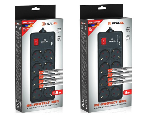 Мережевий фільтр живлення REAL-EL RS-PROTECT 805 3m, black (EL122300043)