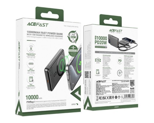 Батарея універсальна Acefast Magnetic Wireless 10000mAh 20W PD, QC/3.0, QI 15W, M12 Black (6974316283393)