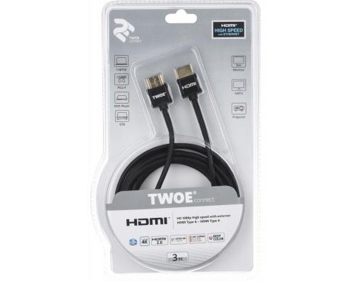 Кабель мультимедійний HDMI to HDMI 3.0m 2.0 Slim black 2E (2EW-1119-3m)