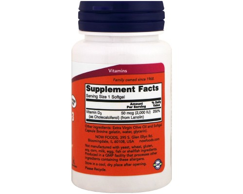 Вітамін Now Foods Вітамін D-3 2000IU, 240 желатинових капсул (NOW-00377)