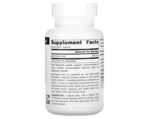 Антиоксидант Source Naturals Альфа-ліпоєва кислота, 300 мг, Alpha Lipoic Acid, 60 капсул (SNS-01764)