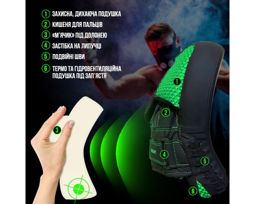 Лапи боксерські PowerPlay 3044 Pro Carbon Ultra Series Чорно-Зелені (PP_3044_Bl/Green)