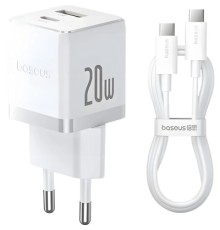 Зарядний пристрій Baseus 1xUSB-C 20W + 1xUSB white + cable USB-C to USB-C 60W 1.0m (P10111608213-01)