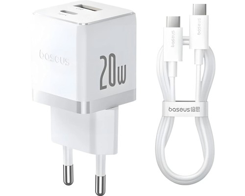 Зарядний пристрій Baseus 1xUSB-C 20W + 1xUSB white + cable USB-C to USB-C 60W 1.0m (P10111608213-01)
