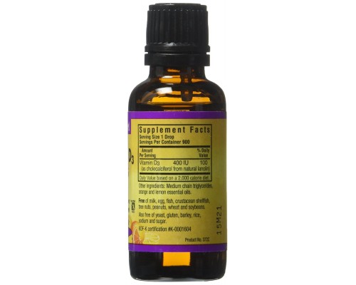 Вітамін Bluebonnet Nutrition Рідкий Вітамін D3 400IU, Смак Апельсину, 30мл краплі (BLB-00372)