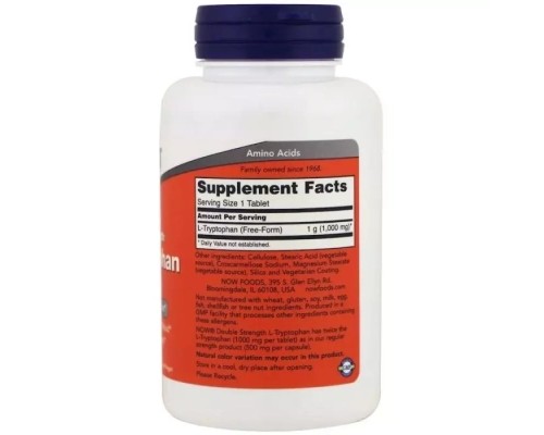 Амінокислота Now Foods L-Триптофан, подвійний концентрації, 1000 мг, L-Tryptophan, (NOW-00169)