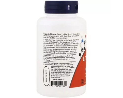 Амінокислота Now Foods L-Триптофан, подвійний концентрації, 1000 мг, L-Tryptophan, (NOW-00169)