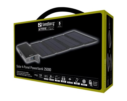 Батарея універсальна Sandberg 25000mAh, Solar 4-Panel/8W, USB-C input/output(18W max), USB-A*2/3A(Max) (420-56) 