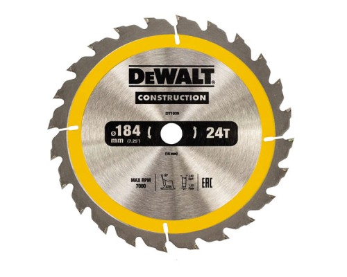 Диск пильний DeWALT CONSTRUCTION, 184 х 16 мм, 24z (ATB), 16 градусів (DT1939)