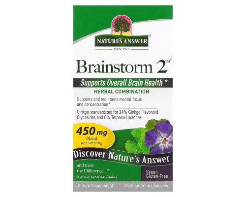 Трави Nature's Answer Трави для активності мозку, 450 мг, Brainstorm 2, 90 вегетаріан (NTA-16023)