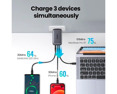 Зарядний пристрій Ugreen 3xUSB 65W GaN (2хUSB-C+USB-A) CD244 Grey (10335)