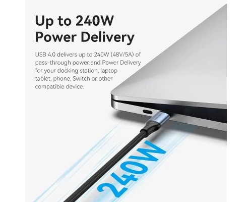 Дата кабель USB-C to USB-C 1.0m USB4.0 240W (50V/5A) 8K60Hz Thunderbolt 4 Gray Aluminum Alloy Vention (TAVHF)