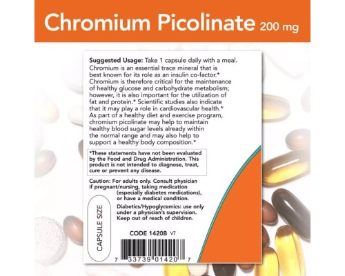 Мінерали Now Foods Піколінат Хрома, 200 мкг, Chromium Picolinate, 100 вегетаріанських до (NF1420)