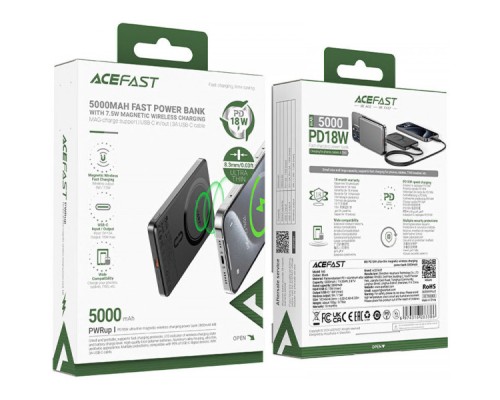 Батарея універсальна Acefast Magnetic Wireless 5000mAh 18W PD, QC/3.0, QI 7.5W, ультра тонкий, M8 Bllack (6974316283386)