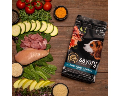 Сухий корм для собак Savory Puppy rich in Fresh Turkey and Chicken 3 кг (4820232630297)