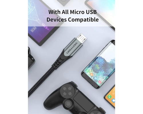 Дата кабель USB 2.0 AM to Micro 5P 0.25m 3.0A (18W) PVC Gray Aluminum Alloy Vention (COAHC)