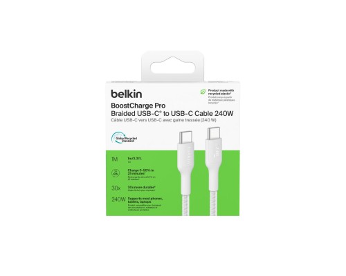 Дата кабель USB-C to USB-C 1.0m 240W white Belkin (CAB025HQ1MWH)