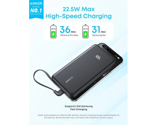 Батарея універсальна Anker 10000mAh, 22.5W, Built-In USB-C Cable, black (A110DH11)