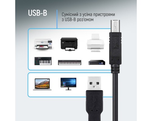 Кабель для принтера USB 2.0 AM/BM 2.0m black ColorWay (CW-CBUB072-BK)