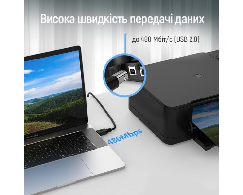 Кабель для принтера USB 2.0 AM/BM 2.0m black ColorWay (CW-CBUB072-BK)