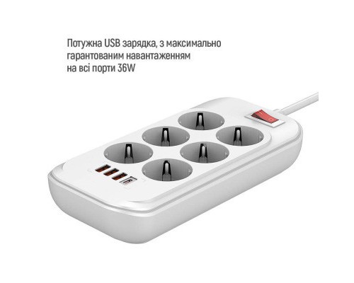 Мережевий фільтр живлення ColorWay CW-CHE64PDW, 6 розеток/4USB 2M (CW-CHE64PDW)