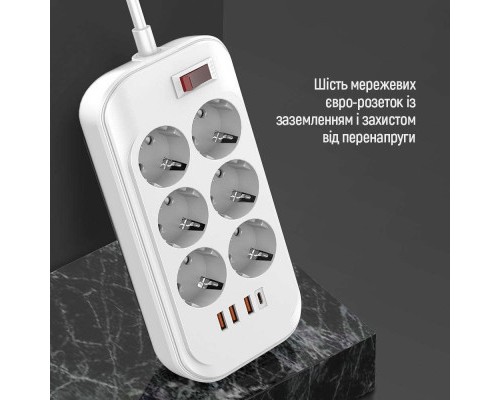 Мережевий фільтр живлення ColorWay CW-CHE64PDW, 6 розеток/4USB 2M (CW-CHE64PDW)