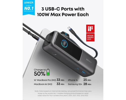 Батарея універсальна Anker 25000mAh, 165W, PD/3/0, QC/3/0, Built-In Double USB-C Cables, black (A1695H11)