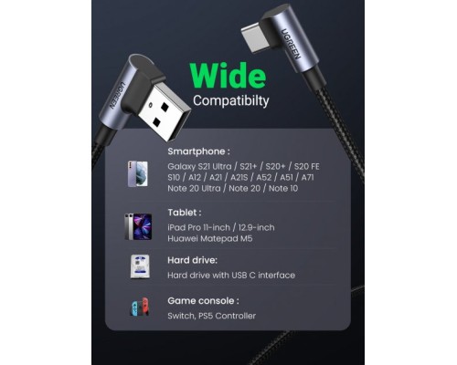 Дата кабель USB 2.0 AM to Type-C 1.0m US176 Both Angled 3A (Black) Ugreen (20856)