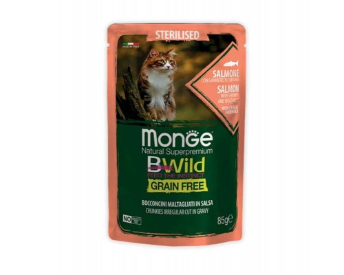 Вологий корм для кішок Monge BWild Cat Free Wet Sterilized лосось з креветками 85 г (8009470012782)
