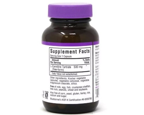 Амінокислота Bluebonnet Nutrition L-Карнітин 500 мг, L-Carnitin, 30 вегетаріанських капсул (BLB0032) 