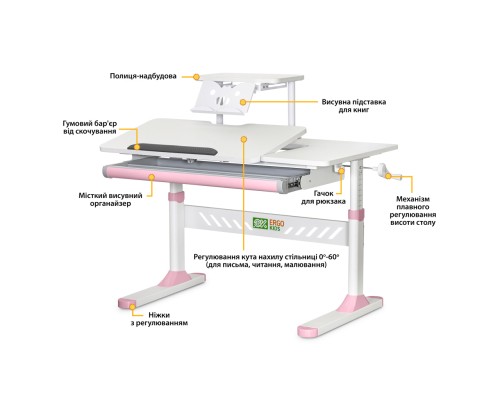 Парта ErgoKids з полицею Pink (TH-310 W/PN + BD-S30 PN)