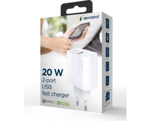 Зарядний пристрій Gembird USB-A + Type-C (PD20W + QC3.0 18W) white (TA-UC-PDQC20-01-W)