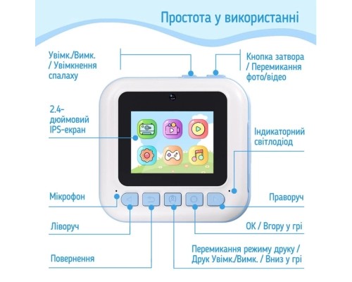 Дитячий фотоапарат ColorWay з функцією миттєвого друку (Blue) (CW-PHP01B)