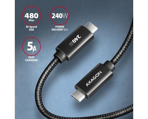 Дата кабель USB-C to USB-C 2.5m USB 2.0 PD 240W 5A black AXAGON (BUCM2-CM25AB)