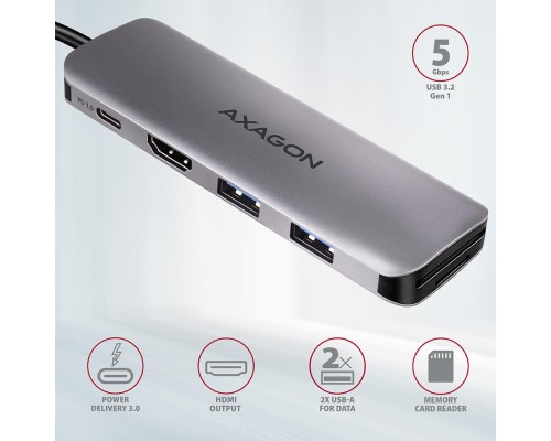 Концентратор AXAGON USB-C to 2xUSBA + HDMI + SD/microSD + USB-C PD 100W 0.2m grey (HMC-5)
