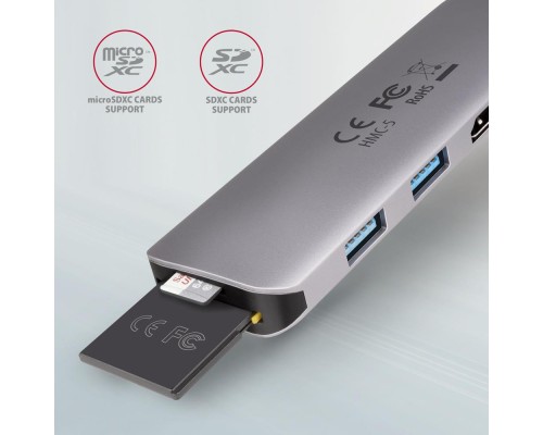 Концентратор AXAGON USB-C to 2xUSBA + HDMI + SD/microSD + USB-C PD 100W 0.2m grey (HMC-5)
