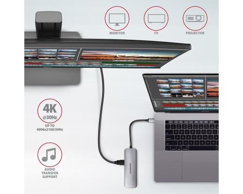 Концентратор AXAGON USB-C to 2xUSBA + HDMI + SD/microSD + USB-C PD 100W 0.2m grey (HMC-5)