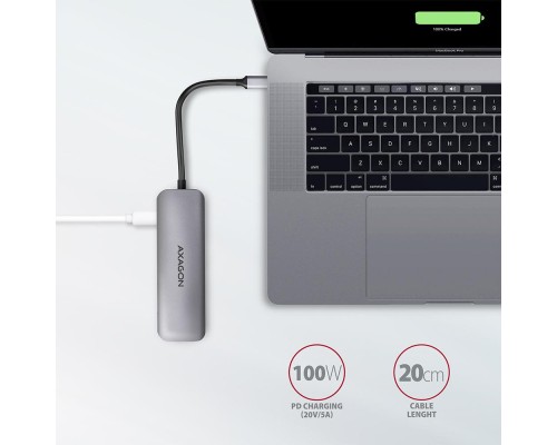 Концентратор AXAGON USB-C to 2xUSBA + HDMI + SD/microSD + USB-C PD 100W 0.2m grey (HMC-5)