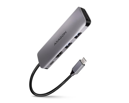 Концентратор AXAGON USB-C to 2xUSBA + HDMI + SD/microSD + USB-C PD 100W 0.2m grey (HMC-5)