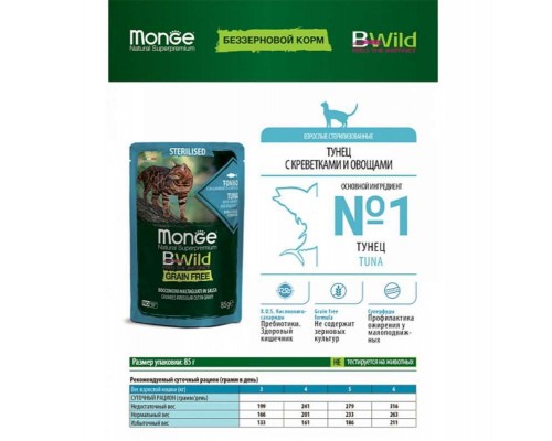 Вологий корм для кішок Monge BWild Cat Free Wet Sterilized тунець з креветками 85 г (8009470012799)