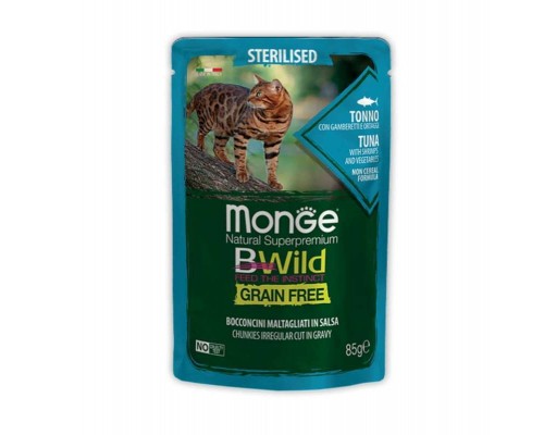 Вологий корм для кішок Monge BWild Cat Free Wet Sterilized тунець з креветками 85 г (8009470012799)