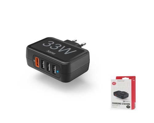 Зарядний пристрій Hama 4xUSB-A QC, Qualcomm 3.0, 33W Black (00201629)