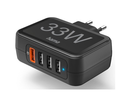 Зарядний пристрій Hama 4xUSB-A QC, Qualcomm 3.0, 33W Black (00201629)